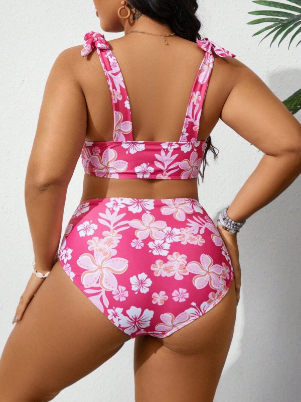 Costum de baie floral, două piese, din poliester, căptușeală din spandex și bureți pentru bust
