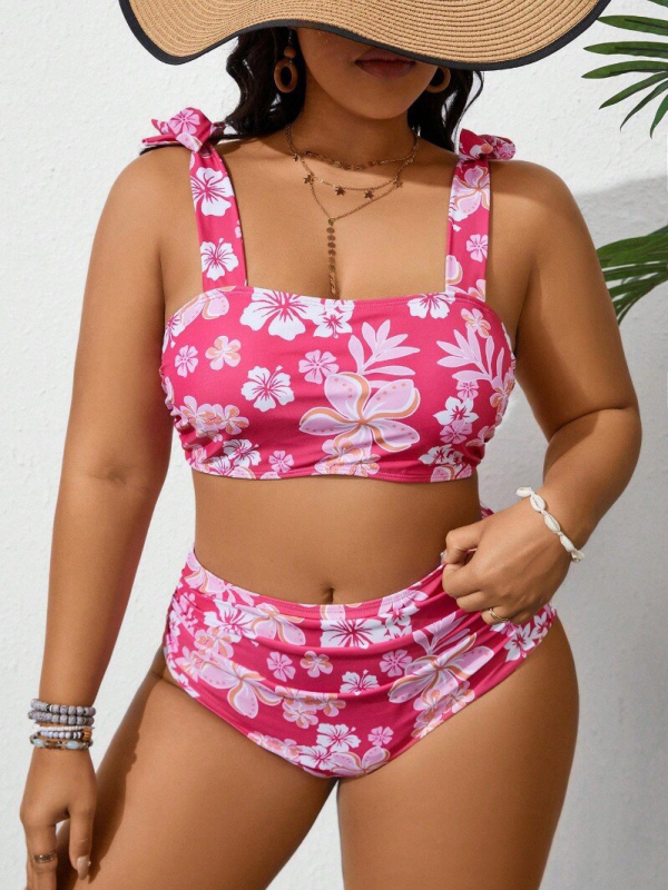 Costum de baie floral, două piese, din poliester, căptușeală din spandex și bureți pentru bust
