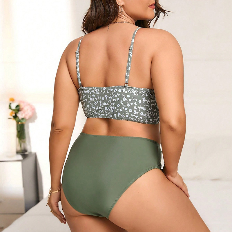 Costum de baie două piese floral, plus size, cu bretele, talie înaltă, top căptușit, poliester 82% / căptușire Spandex 18%, 200 g