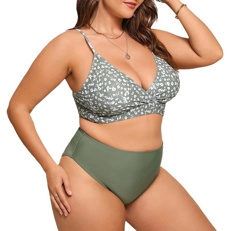 Costum de baie două piese floral, plus size, cu bretele, talie înaltă, top căptușit, poliester 82% / căptușire Spandex 18%, 200 g