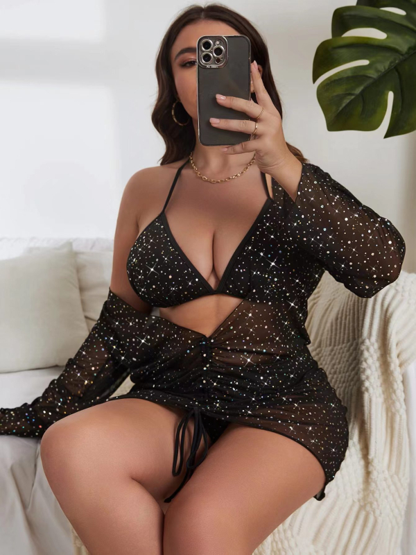 Troje-djelni bikini set s mrežastim slojem, pun gornji dio, visokim strukom, floralni i retro točkasti uzorak