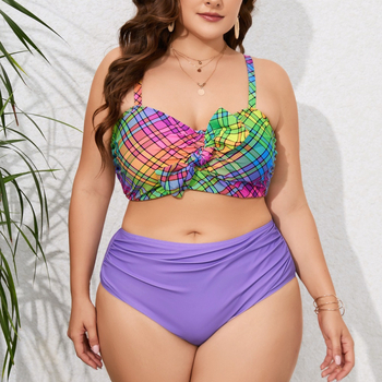 Costum de baie două piese, talie înaltă, imprimeu carouri și floral, cu padding la bust, material principal 85% poliester, căptușeală 7% spandex
