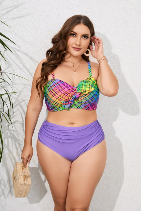 Costum de baie două piese, talie înaltă, imprimeu carouri și floral, cu padding la bust, material principal 85% poliester, căptușeală 7% spandex