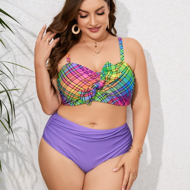 Costum de baie două piese, talie înaltă, imprimeu carouri și floral, cu padding la bust, material principal 85% poliester, căptușeală 7% spandex