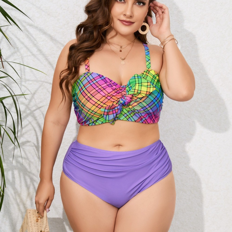 Costum de baie două piese, talie înaltă, imprimeu carouri și floral, cu padding la bust, material principal 85% poliester, căptușeală 7% spandex