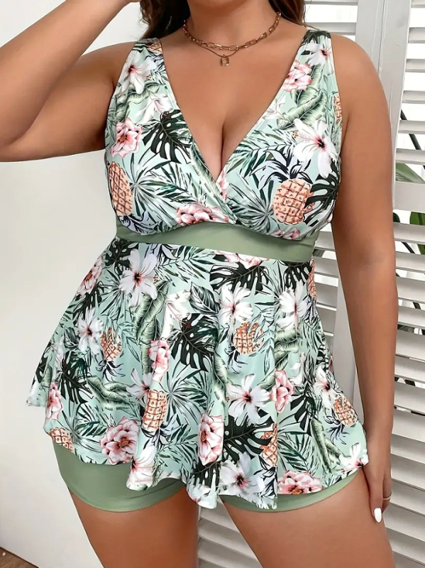 Costum de baie pentru femei, două piese, cu fustă și talie înaltă, imprimeu, cupe umplute, bretele, poliester 82%, căptușeală 18%, greutate 300 g