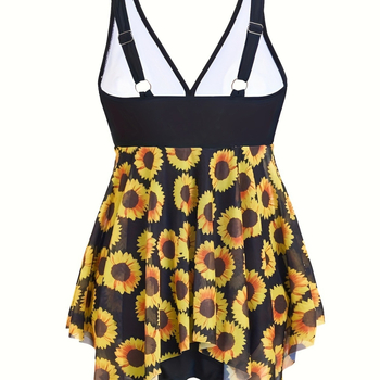 Γυναικείο ολόσωμο μαγιό με εκτύπωση ηλιοτρόπιο, πολυεστερική ύφανση, επένδυση στήθους, χωρίς ενίσχυση, χωρίς μανίκια