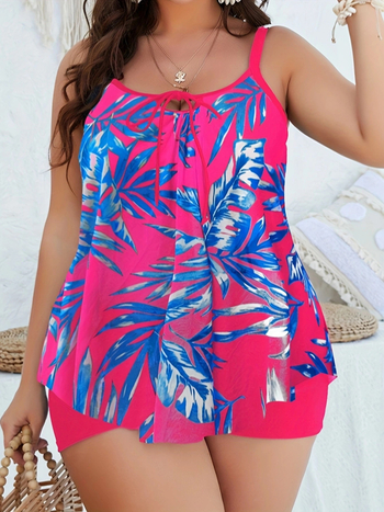 Γυναικείο μαγιό tankini δύο τεμαχίων με τροπικό εκτύπωμα, με επένδυση για το στήθος, ύφασμα πολυεστέρα με υψηλή ελαστικότητα, επένδυση από πολυεστέρα, κάτω μέρος σε στυλ briefs.