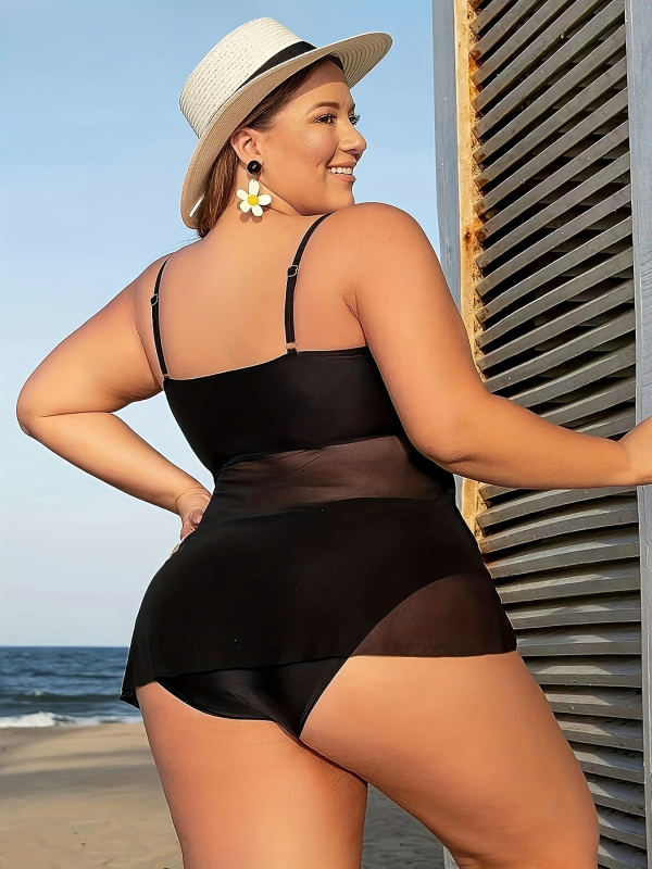 Costum de baie din două piese, talie înaltă, plus size, cu perne pentru bust, fără mâneci, culoare solidă, poliester 82% / elastan 18%
