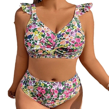 Φλοράλ μπικίνι υψηλής μέσης, σετ δύο τεμαχίων με επενδεδυμένο πάνω μέρος, μεγάλο μέγεθος