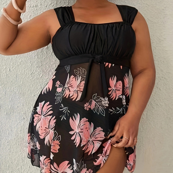 Costum de baie întreg floral, spate decupat, fără mâneci, cu bureți în cupă, poliester