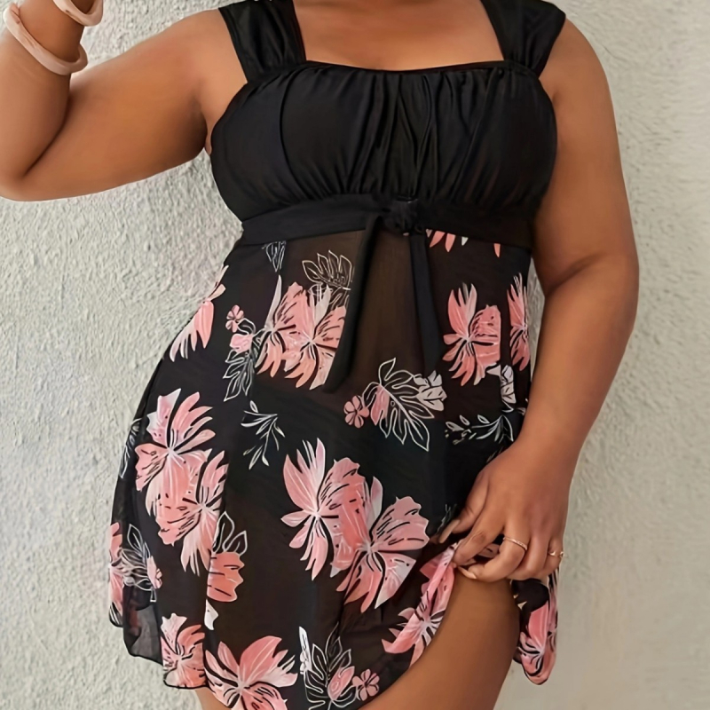 Costum de baie întreg floral, spate decupat, fără mâneci, cu bureți în cupă, poliester