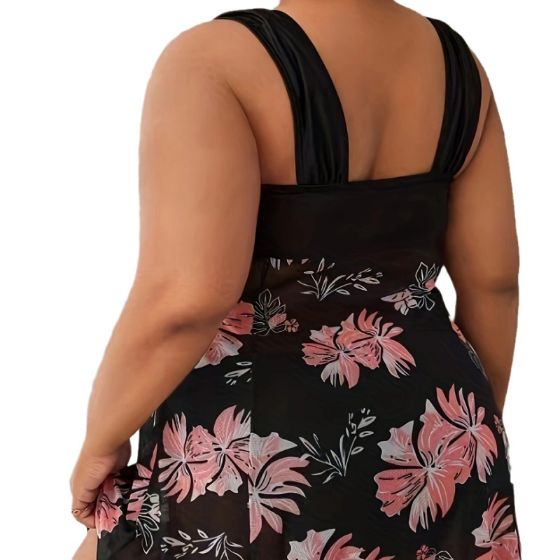 Costum de baie întreg floral, spate decupat, fără mâneci, cu bureți în cupă, poliester