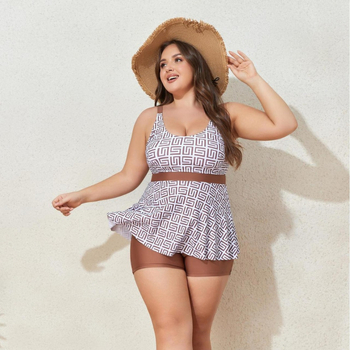 Moterų dviejų dalių tankini plaukimo kostiumas, aukštos juosmens linija, liekninantis kirpimas, poliesterio audinys, krūties pagalvėlės, be plieno palaikymo, pamušalas iš spandekso