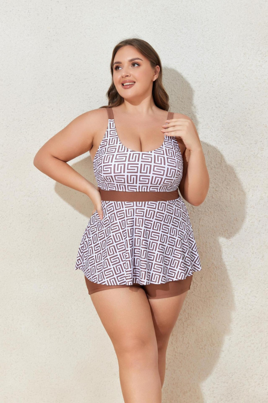 Moterų dviejų dalių tankini plaukimo kostiumas, aukštos juosmens linija, liekninantis kirpimas, poliesterio audinys, krūties pagalvėlės, be plieno palaikymo, pamušalas iš spandekso