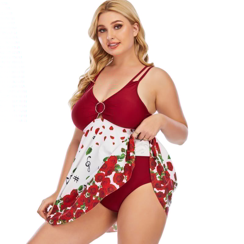 Costum de baie din două piese, cu fustă și pernă la cupă; material: 85% poliester, căptușeală: 85% poliester + 15% spandex; greutate țesătură: 380 g
