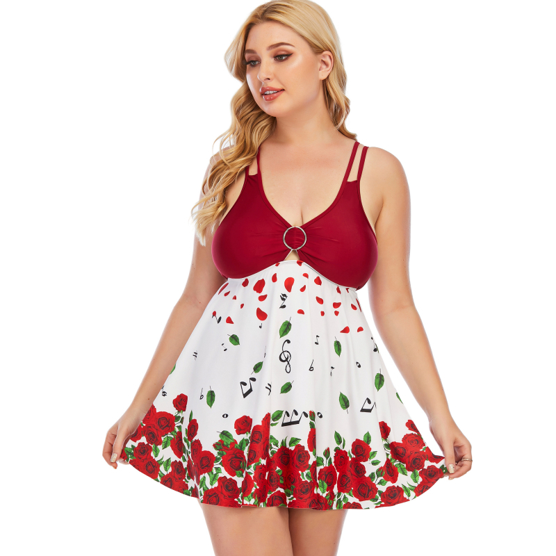 Costum de baie din două piese, cu fustă și pernă la cupă; material: 85% poliester, căptușeală: 85% poliester + 15% spandex; greutate țesătură: 380 g