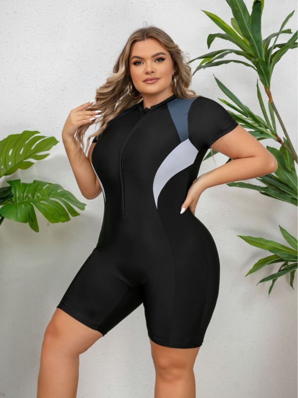SURFZIP Costum de baie întreg cu fermoar, femei, mâneci scurte, culoare solidă, material poliester-elastan (82% poliester, 18% elastan), cu bureți pentru bust