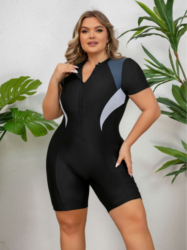 SURFZIP Costum de baie întreg cu fermoar, femei, mâneci scurte, culoare solidă, material poliester-elastan (82% poliester, 18% elastan), cu bureți pentru bust