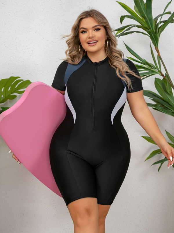 SURFZIP Costum de baie întreg cu fermoar, femei, mâneci scurte, culoare solidă, material poliester-elastan (82% poliester, 18% elastan), cu bureți pentru bust
