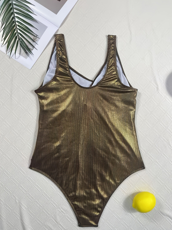 Plus Size Γυναικείο Ολόσωμο Μαγιό Μπρονζέ, Με Σταυρωτό Στήθος και Πλισέ στη Μέση (Fabric: Polyester; Polyester fiber 95%; Lining: Polyester mesh with Spandex 5%; Chest pads: Included; Pattern: Solid; Elasticity: High)