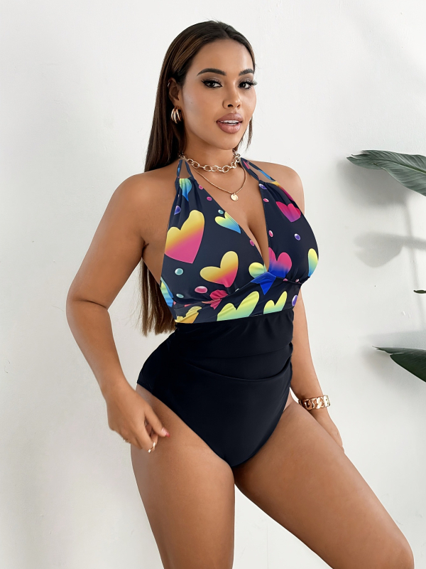 Costum de baie întreg pentru femei, imprimeu floral, talie înaltă, spate decupat, croială strânsă, căptușeală pentru bust. Material: poliester 82%, spandex 18%