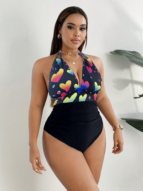 Costum de baie întreg pentru femei, imprimeu floral, talie înaltă, spate decupat, croială strânsă, căptușeală pentru bust. Material: poliester 82%, spandex 18%