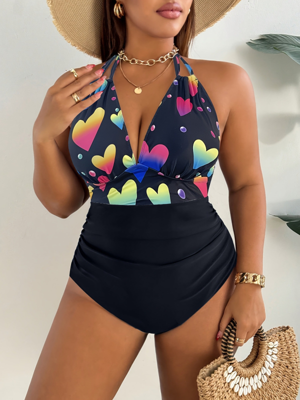 Costum de baie întreg pentru femei, imprimeu floral, talie înaltă, spate decupat, croială strânsă, căptușeală pentru bust. Material: poliester 82%, spandex 18%