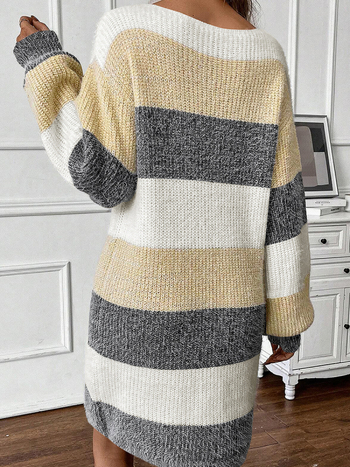 Shiying Женска есенно-зимна рокля с дълги ръкави, акрилно влакно, принт на райета, кръгло деколте, А-линия