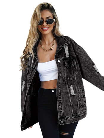 Ζακέτα σε στυλ τζιν από πολυεστέρα, μακριά μανίκια, γιακά με πέτο, χαλαρή εφαρμογή, μήκος 65–80 εκ