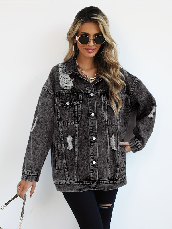 Denim-stílusú poliészter kabát, hosszú ujjú, lazított szabás, középhosszú, 65–80 cm, anyag 50–70% poliészter