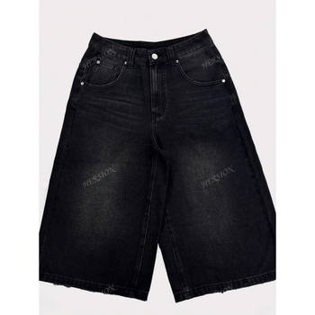 Șorturi Bermuda din denim, croială lejeră, talie cu șnur, căptușite cu fleece, talie dublă