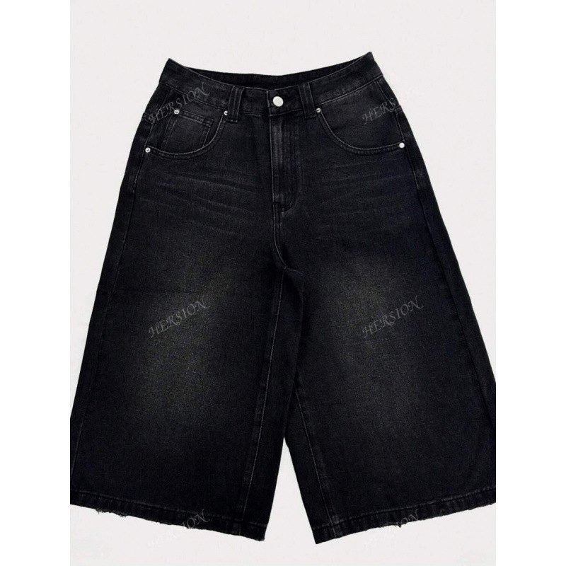 Șorturi Bermuda din denim, croială lejeră, talie cu șnur, căptușite cu fleece, talie dublă