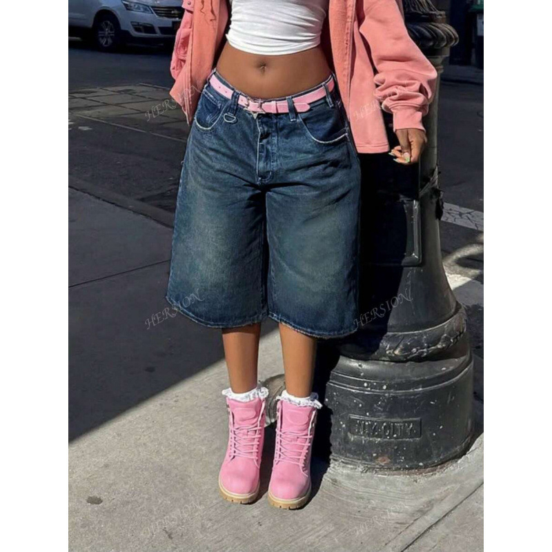 Șorturi Bermuda din denim, croială lejeră, talie cu șnur, căptușite cu fleece, talie dublă