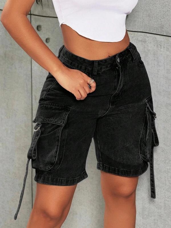 Γυναικείοι denim cargo σορτς με τσέπες, Harajuku στυλ, ιαπωνο-κορεατικό casual (Κύριο ύφασμα: Chenille; Περιεκτικότητα σε Spandex <30%; Τύπος στυλ: Ιαπωνο-Κορεατικό casual; Σεζόν: Άνοιξη 2025)