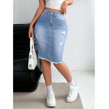 Пола от деним, полу-дълга, със разкъсани детайли, еластична талия, 2025 лято