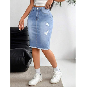 Пола от деним, полу-дълга, със разкъсани детайли, еластична талия, 2025 лято