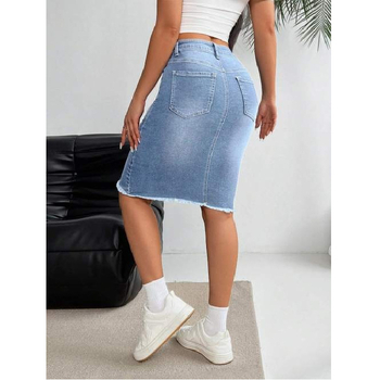 Пола от деним, полу-дълга, със разкъсани детайли, еластична талия, 2025 лято