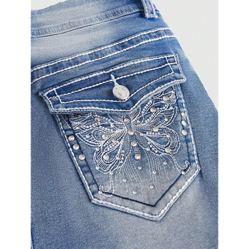 Джинси с бродерия на пеперуди, ретро стил Y2K, регулируема талия с връзка, подплътени с полар, прав крак
