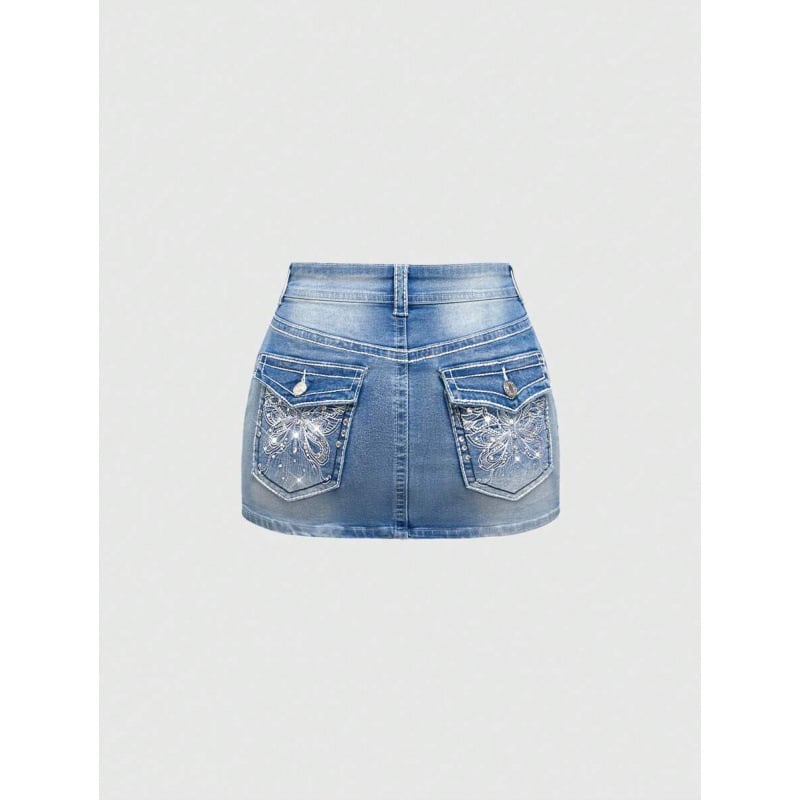 Jeansi cu broderie fluture, stil Y2K retro, talie reglabilă cu șnur, căptușit cu polar, croială dreaptă