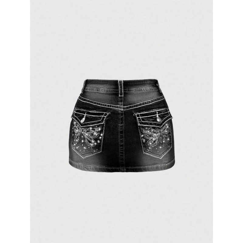 Jeansi cu broderie fluture, stil Y2K retro, talie reglabilă cu șnur, căptușit cu polar, croială dreaptă