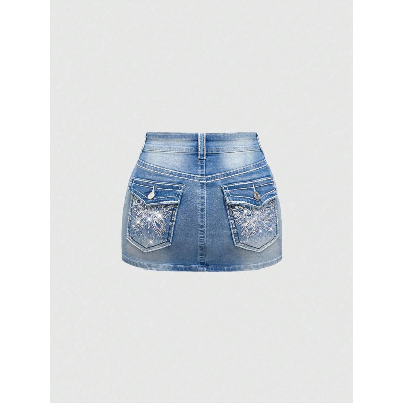 Jeansi cu broderie fluture, stil Y2K retro, talie reglabilă cu șnur, căptușit cu polar, croială dreaptă