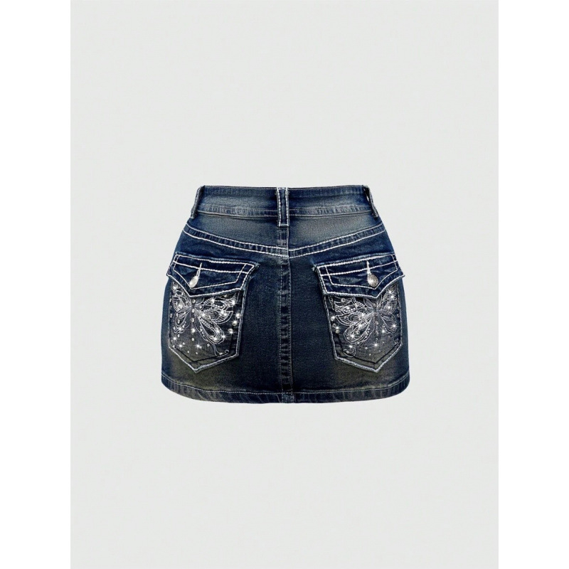 Jeansi cu broderie fluture, stil Y2K retro, talie reglabilă cu șnur, căptușit cu polar, croială dreaptă