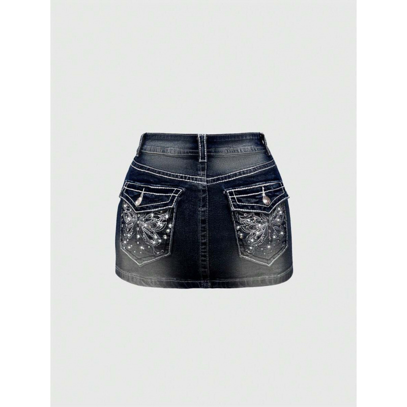 Jeansi cu broderie fluture, stil Y2K retro, talie reglabilă cu șnur, căptușit cu polar, croială dreaptă