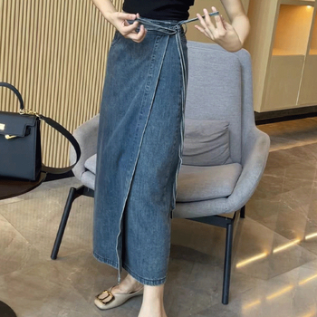 Миди деним пола A-линия с връзване на талията и асиметричен разрез, уличен хипстър стил, деним с 30-50% памук