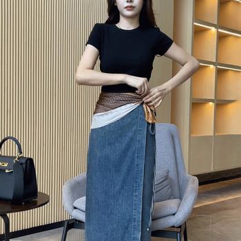 Миди деним пола A-линия с връзване на талията и асиметричен разрез, уличен хипстър стил, деним с 30-50% памук