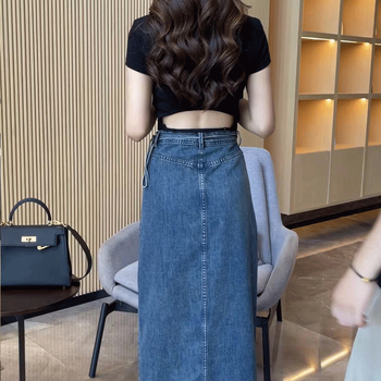 Миди деним пола A-линия с връзване на талията и асиметричен разрез, уличен хипстър стил, деним с 30-50% памук