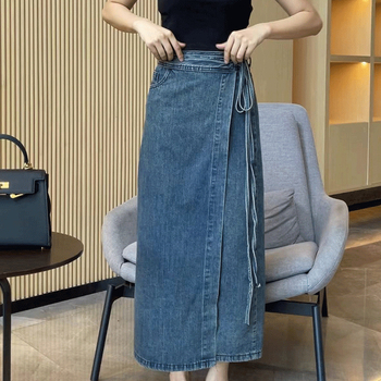 Миди деним пола A-линия с връзване на талията и асиметричен разрез, уличен хипстър стил, деним с 30-50% памук