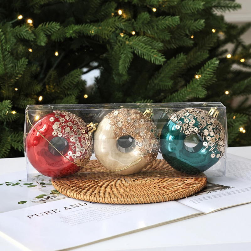 Kalėdinių žaislų rinkinys – kabamasis žaisliukas donutą primenančio apskritimo forma, eglutės viršūnės žvaigždutė ir plastikinis kamuoliukas — BR ženklas, TINGZHI, plastikas, Europos stilius, Kalėdos