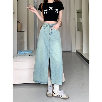 Denim midi suknja s visokim strukom i razrezom, ljeto 2025